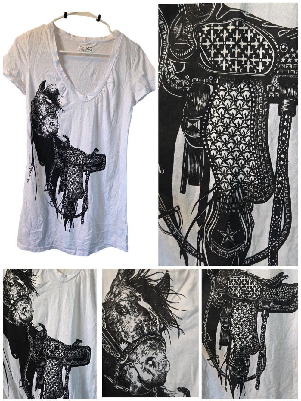 NWT Lauren Moshi White V‑Neck Tee with Black Horse & Saddle Graphic Print - S